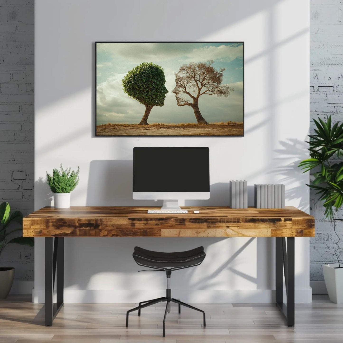 Two Faced Nature canvas wall art shown above a desk