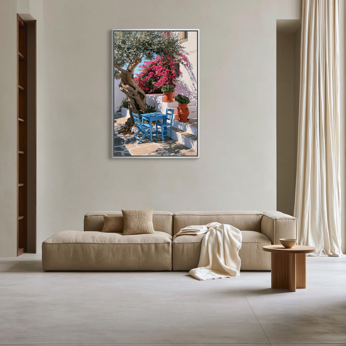 Greek taverna courtyard canvas wall art, cozy living room with a beige sofa, a wooden coffee table, and a framed picture of