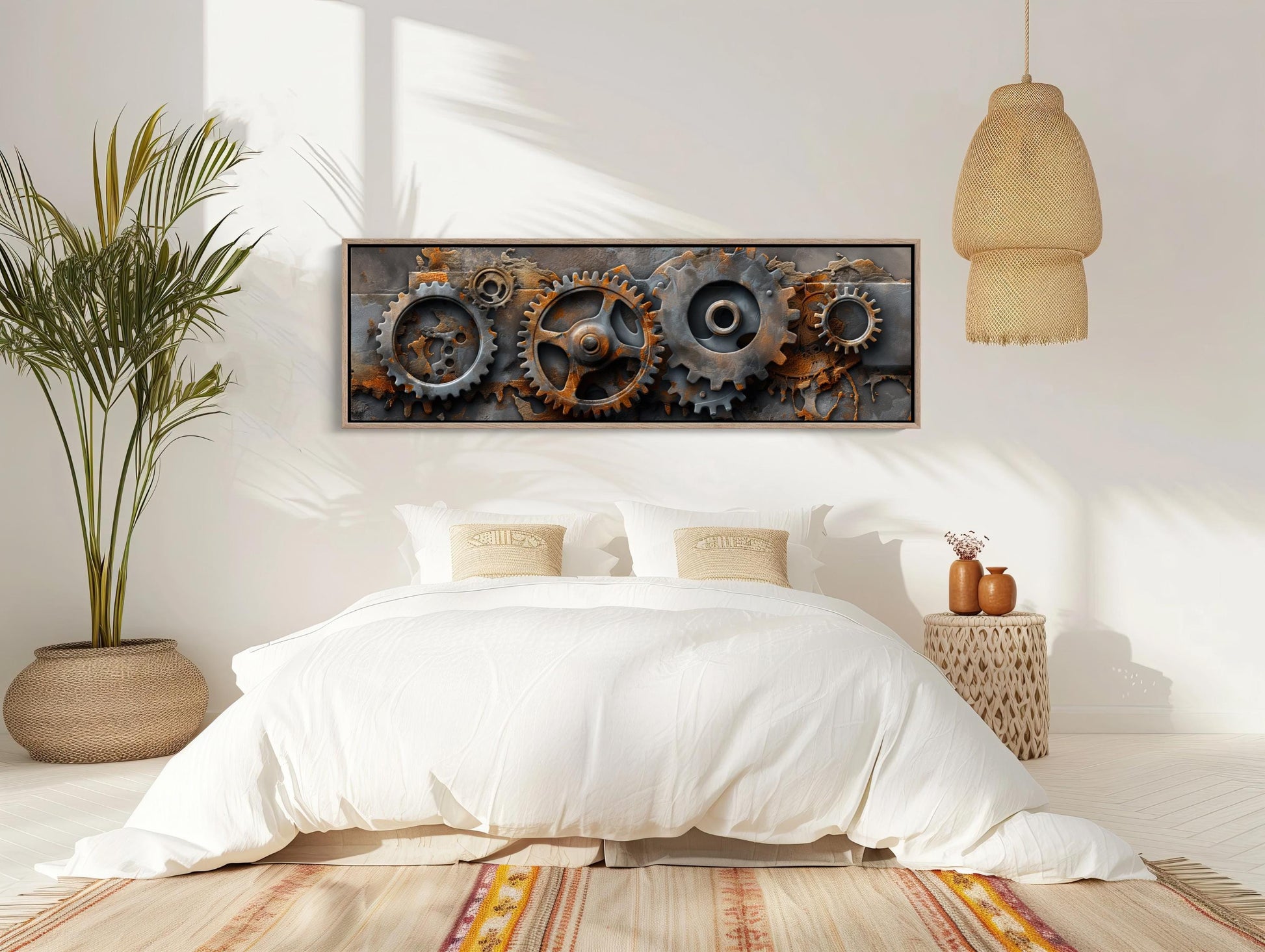 Metal Gears , Industrial Steampunk Panoramic canvas wall art shown in a bedroom