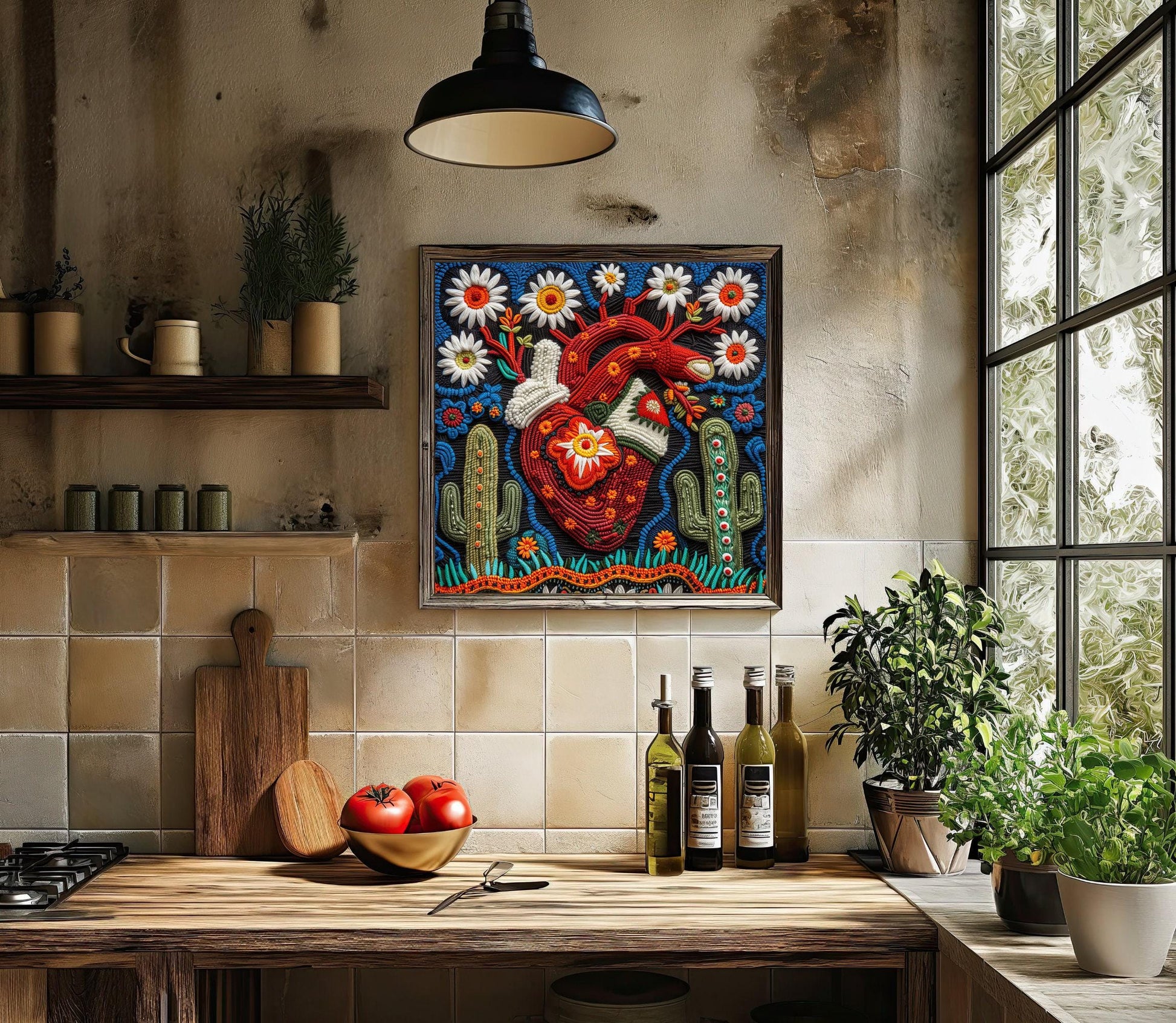 a painting of a heart on a kitchen wall