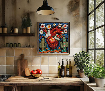 a painting of a heart on a kitchen wall