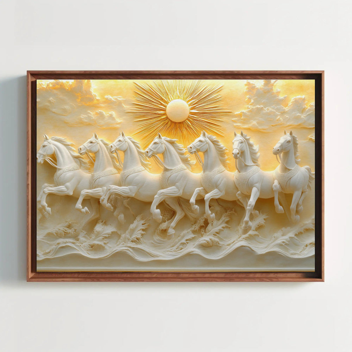 A framed image depicting a group of white horses galloping across a wave-like surface, with a sunburst in the background.