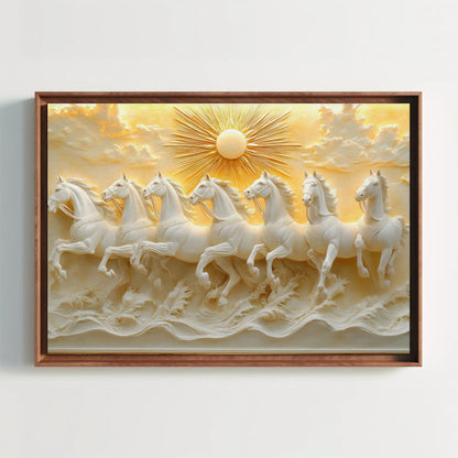 A framed image depicting a group of white horses galloping across a wave-like surface, with a sunburst in the background.