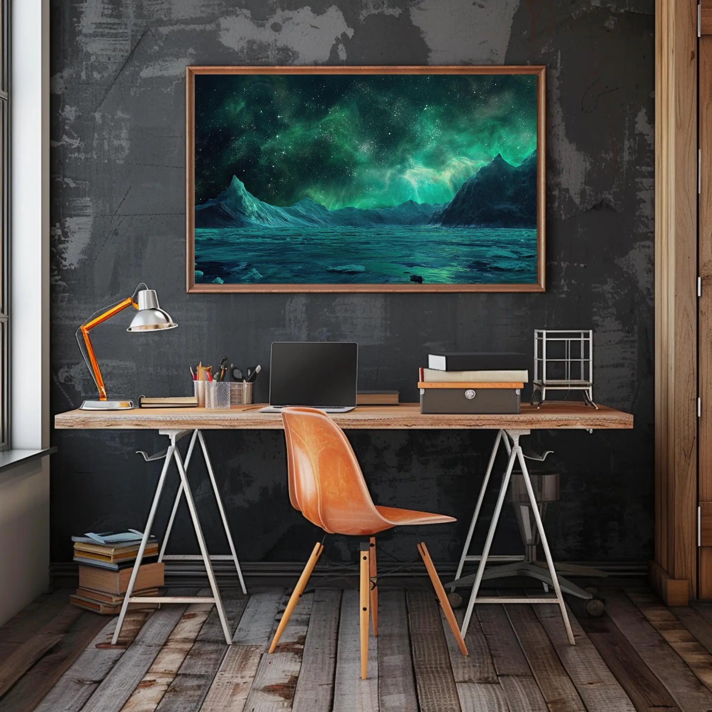 Antarctica Night canvas wall art shown above a desk (view 2)