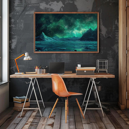 Antarctica Night canvas wall art shown above a desk (view 2)