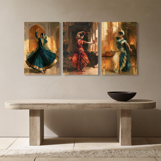 Indian classical dancers trio canvas wall art, three paintings of dancers in colorful costumes, each depicting a different