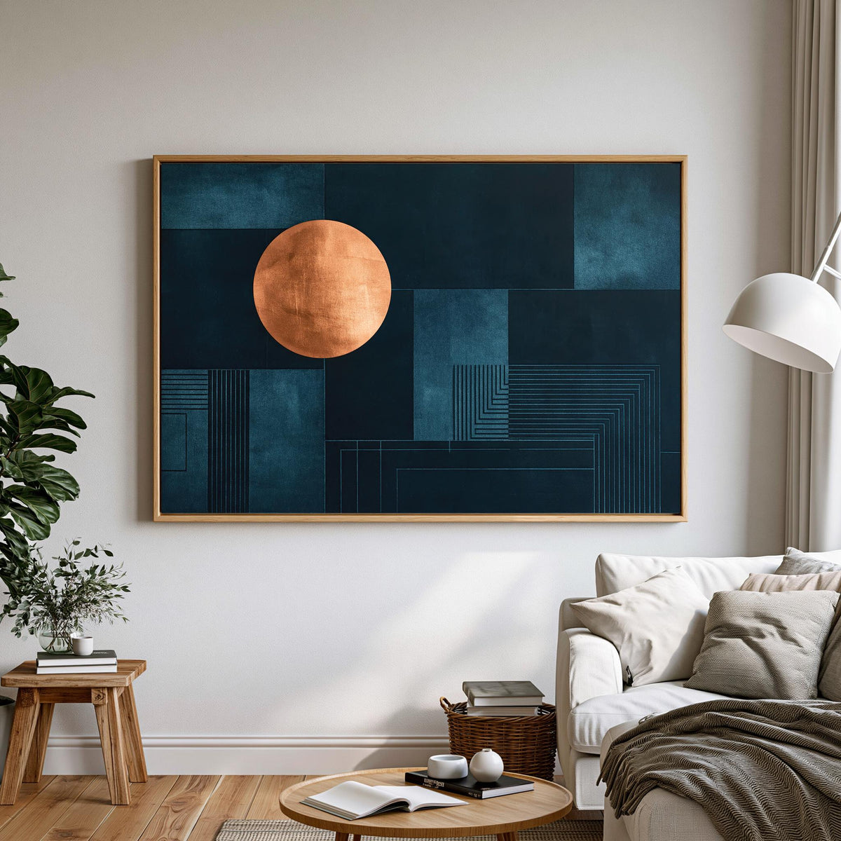 a large abstract painting hanging on a white wall in a living room. The painting has a dark blue background with a large orange circle in the center. The room has a white sofa, a coffee table, and a potted plant, creating a cozy and modern living space.