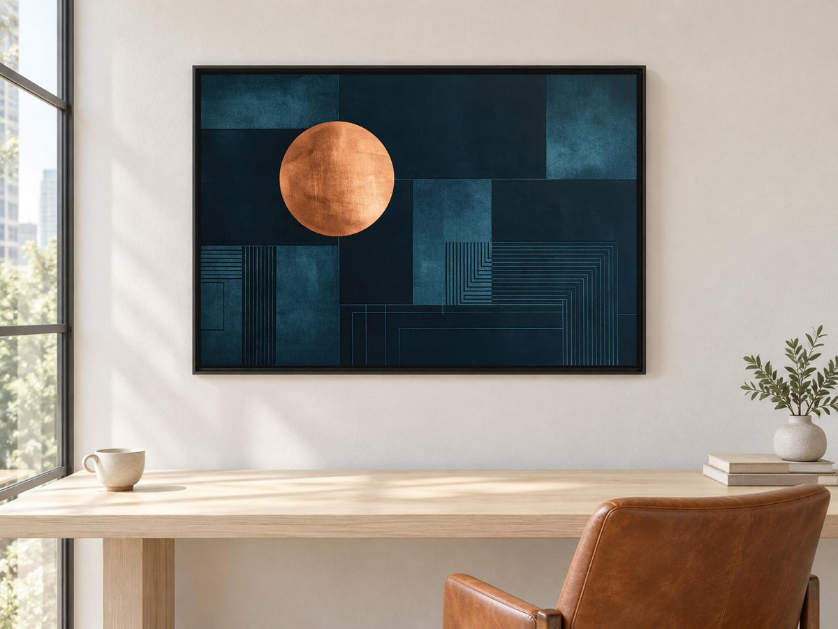 a wooden desk with a leather chair, a framed abstract artwork with a large orange circle on a dark blue background, and a plant in a white pot on the desk.