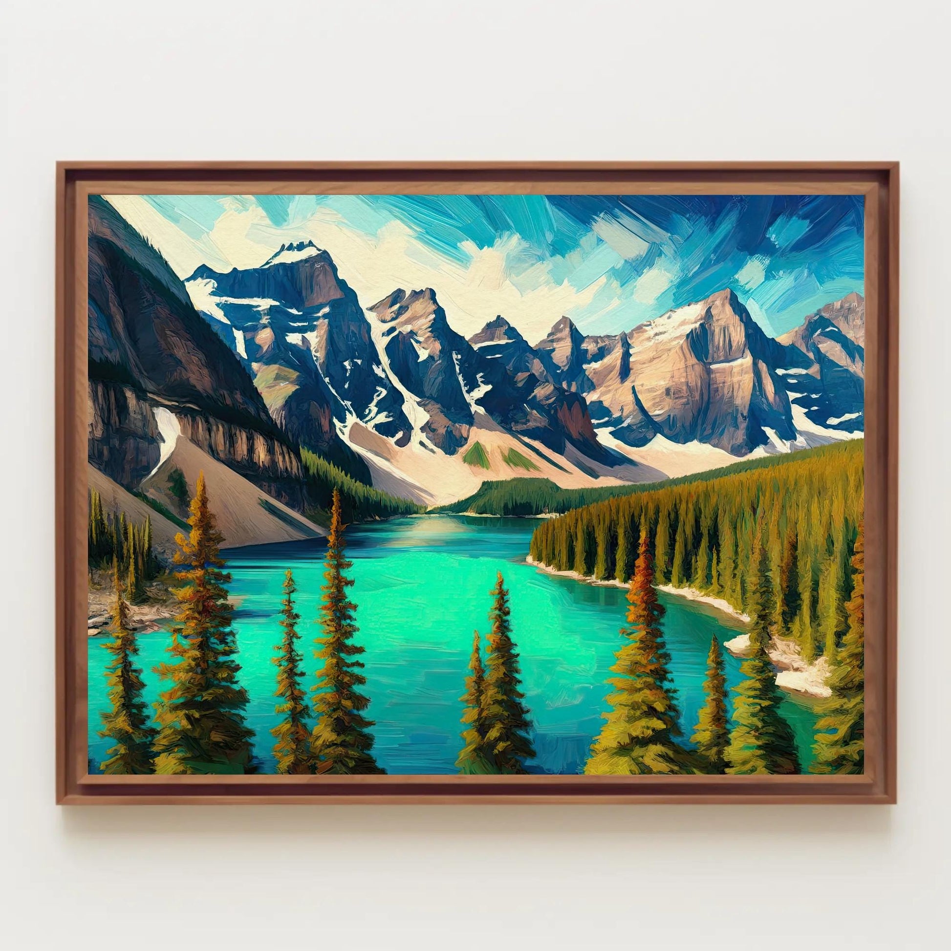 Moraine Lake Oil Painting canvas wall art shown in a styled room
