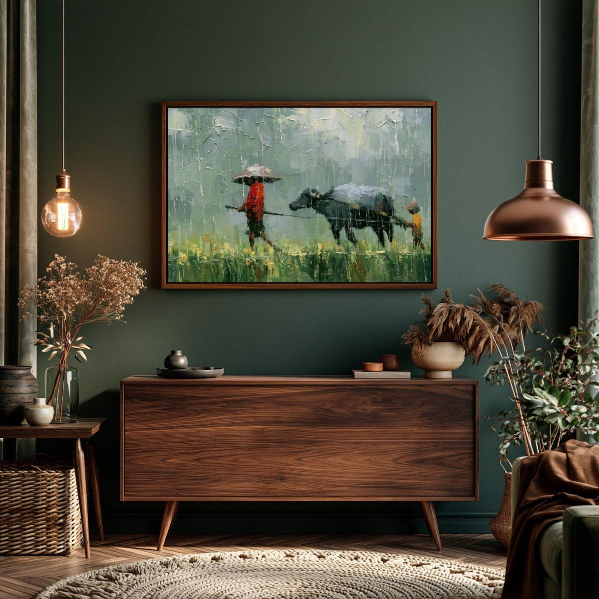 a painting of a person with an umbrella and a cow in a field, hanging on a green wall above a wooden dresser.