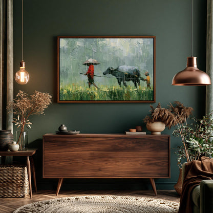 a painting of a person with an umbrella and a cow in a field, hanging on a green wall above a wooden dresser.