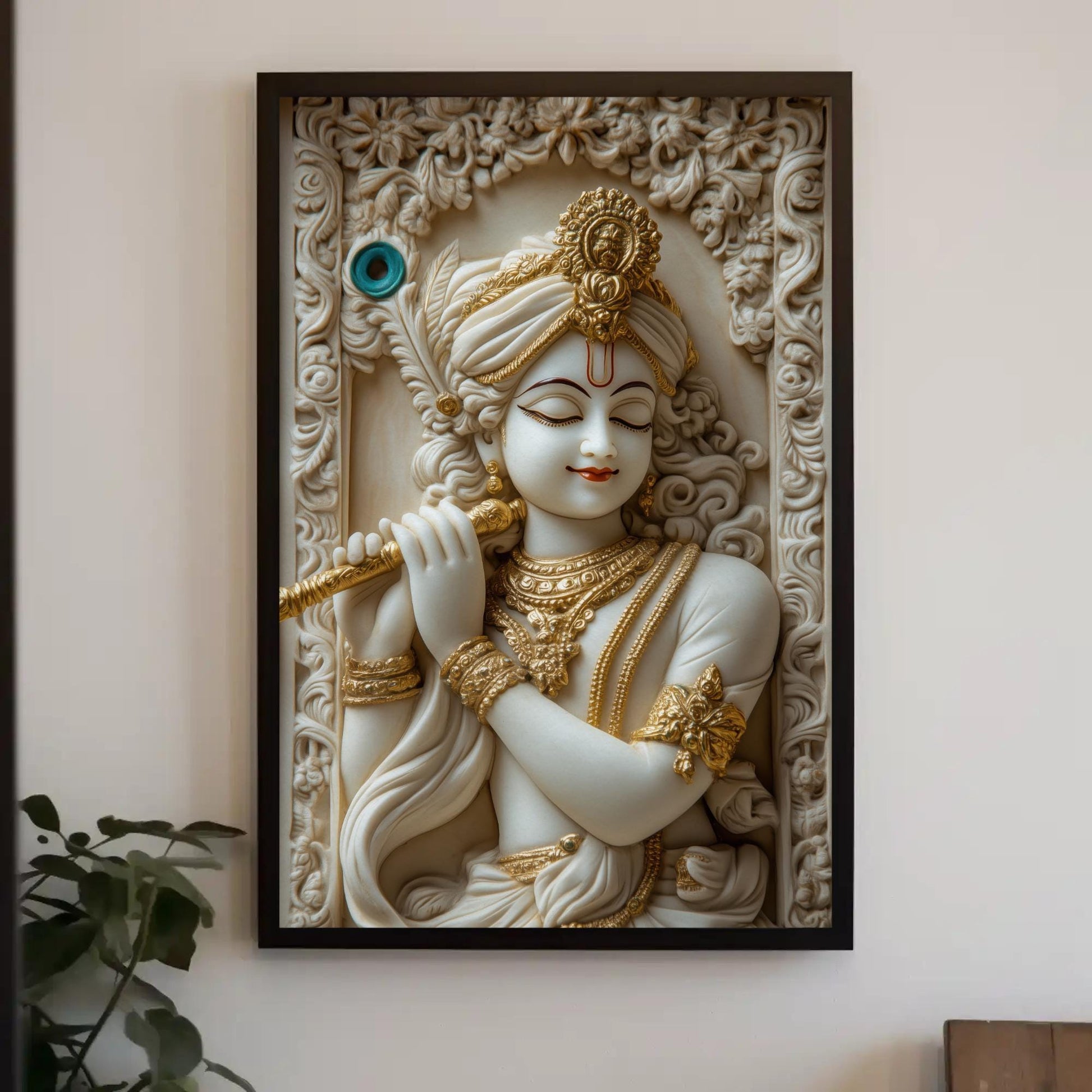 Krishna 3D Illusion Canvas, White Gold Statue Art, Framed Ready to Hang