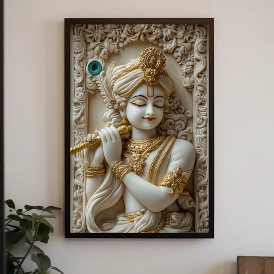 Krishna 3D Illusion Canvas | White Gold Statue Art - Framed Ready to Hang