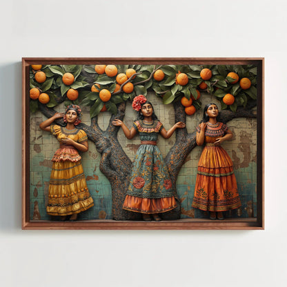 Mexican Canvas Print, 3D Wall Decor Featuring Traditional Women & Orange Tree Artwork