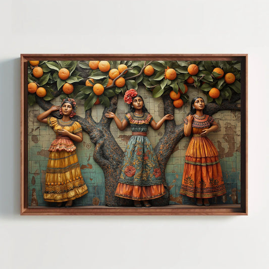 Mexican Canvas Print – 3D Wall Decor Featuring Traditional Women & Orange Tree Artwork