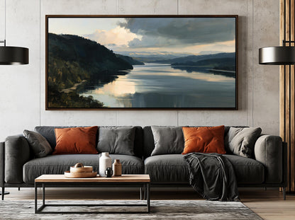 a large painting of a serene landscape with a lake and mountains in the background, hanging on a wall above a gray sofa with orange throw pillows.