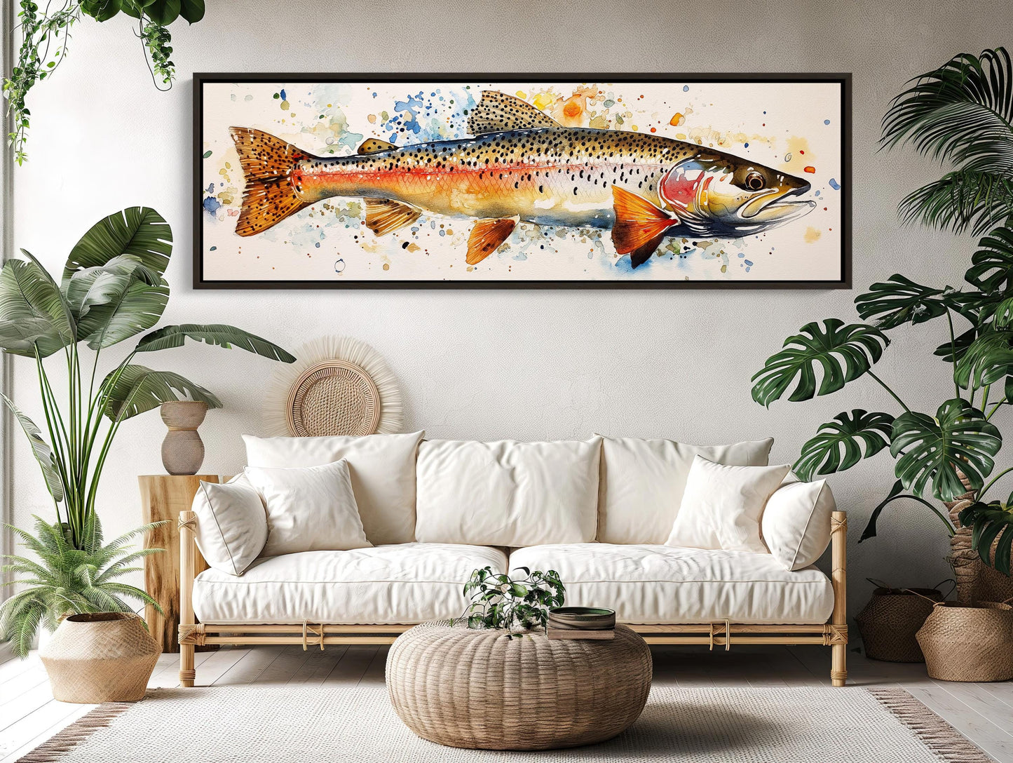 Rainbow Trout , Watercolor Fishing Cabin canvas wall art shown in a living room