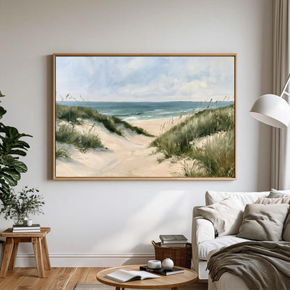 a large painting of a beach scene hanging on a wall in a living room.