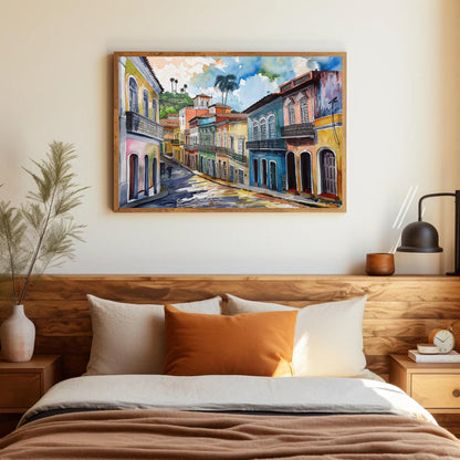 Salvador Bahia canvas wall art shown in a bedroom