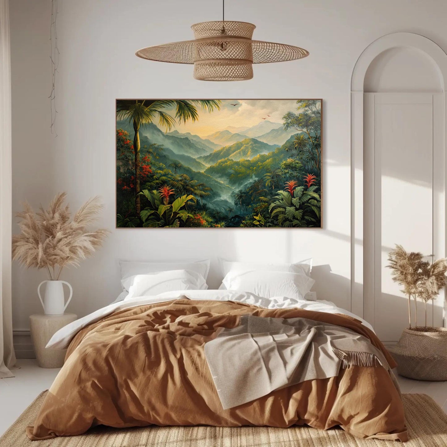 Rainforest , Misty Tropical Jungle canvas wall art shown in a bedroom (view 4)