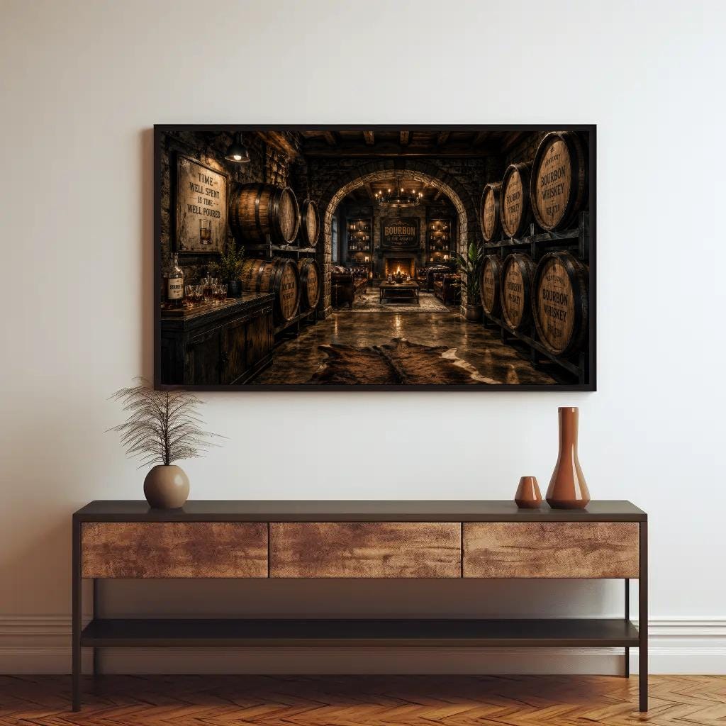 a rustic wine cellar with wooden barrels lining the walls and a fireplace in the background. The cellar has a warm, inviting atmosphere, and the wooden furniture and decor complement the overall aesthetic.