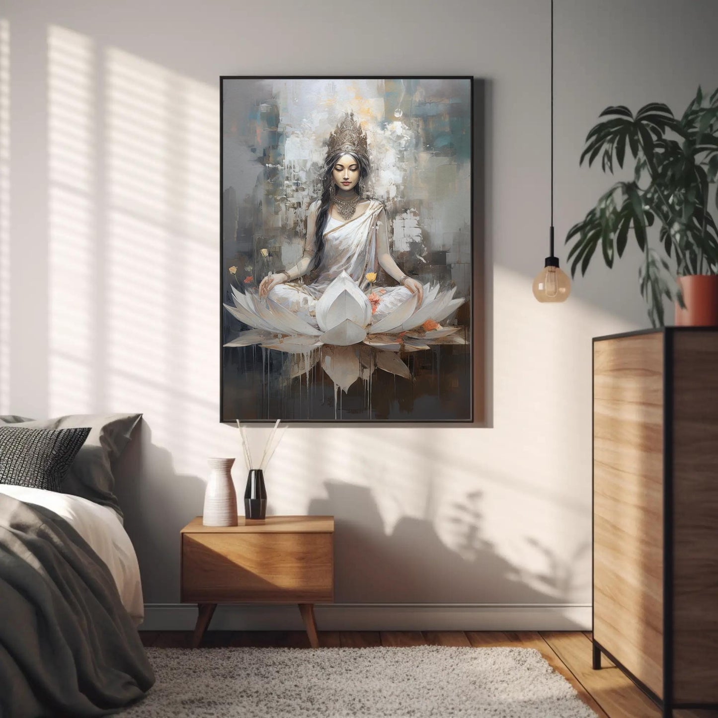 Goddess Lakshmi , Hindu Lotus canvas wall art shown in a styled room (view 2)
