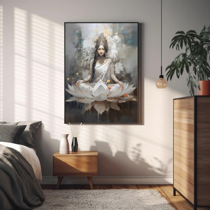Goddess Lakshmi , Hindu Lotus canvas wall art shown in a styled room (view 2)