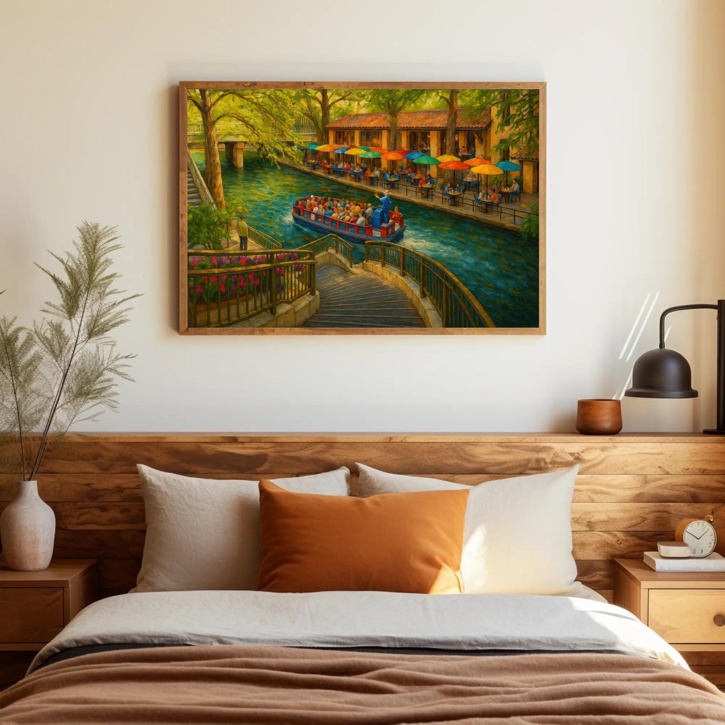 San Antonio River Walk canvas wall art shown above a bed