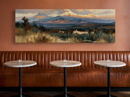 Mexican volcano landscape canvas wall art, snow-capped volcanoes over agave fields and a white hacienda