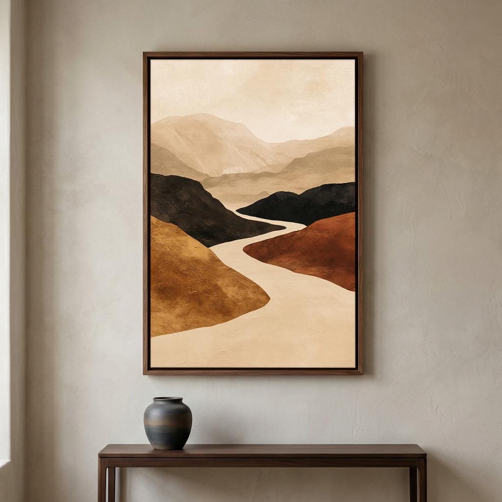 Abstract Mountain Wall Art, Winding River Canvas, Terracotta Ochre