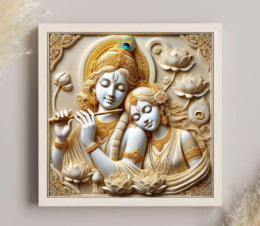 Radha Krishna Canvas Print – Ivory Gold Wall Art | Spiritual Hindu Decor
