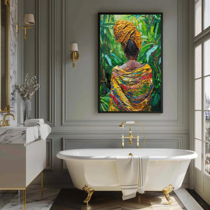 Caribbean Woman , Afro Caribbean Portrait Art canvas wall art shown in a bathroom