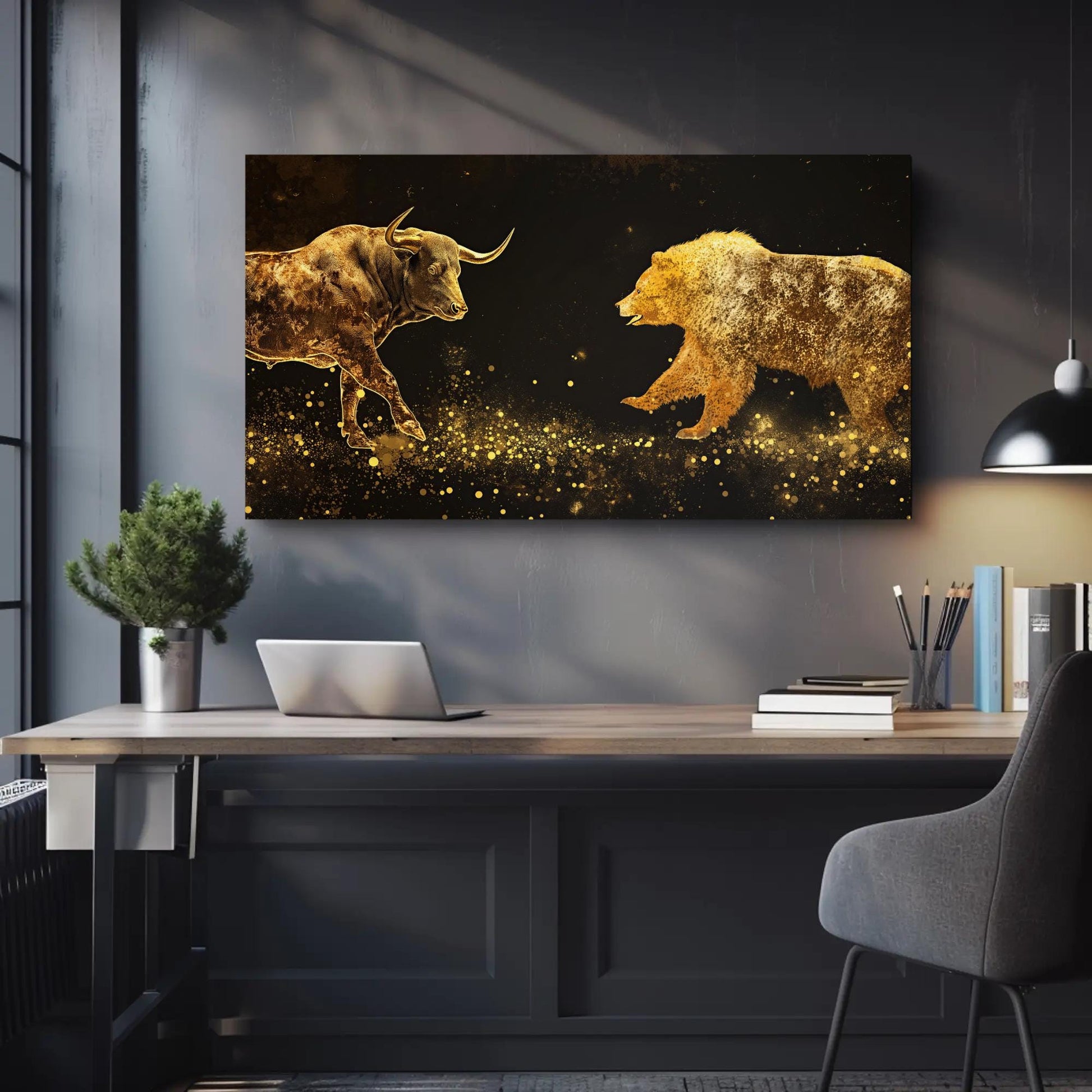 Bull Vs Bear canvas wall art shown above a desk