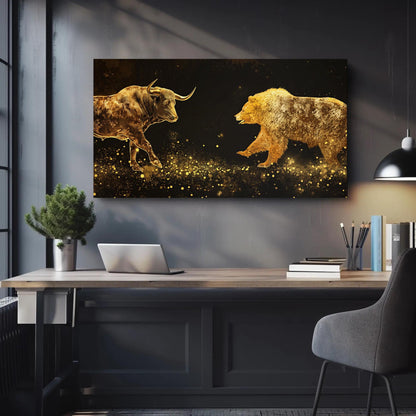 Bull Vs Bear canvas wall art shown above a desk