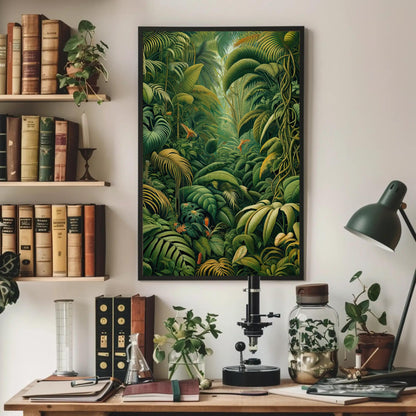Henri Rousseau Jungle , Vintage Botanical canvas wall art shown above a desk