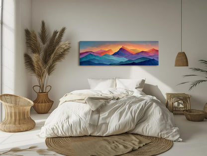 Mountain canvas wall art shown in a bedroom