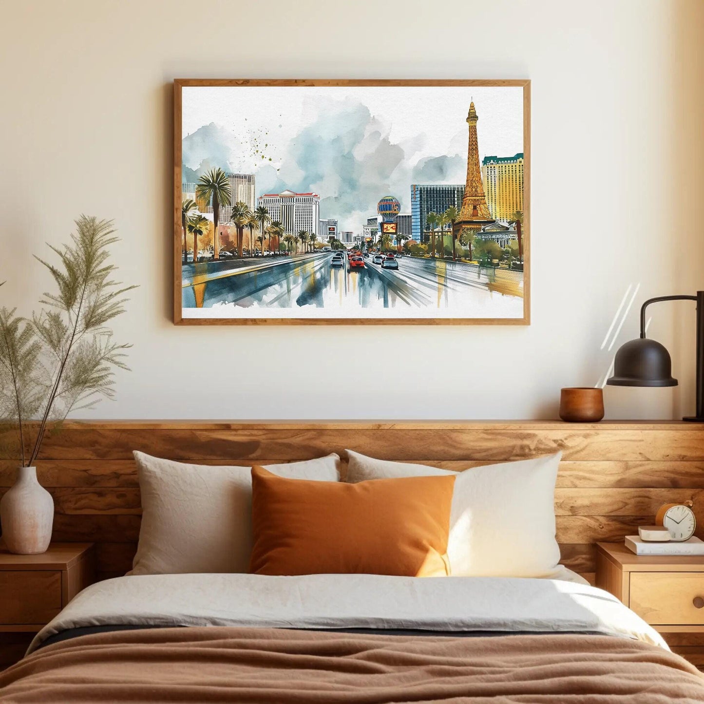 Las Vegas Strip canvas wall art shown in a bedroom