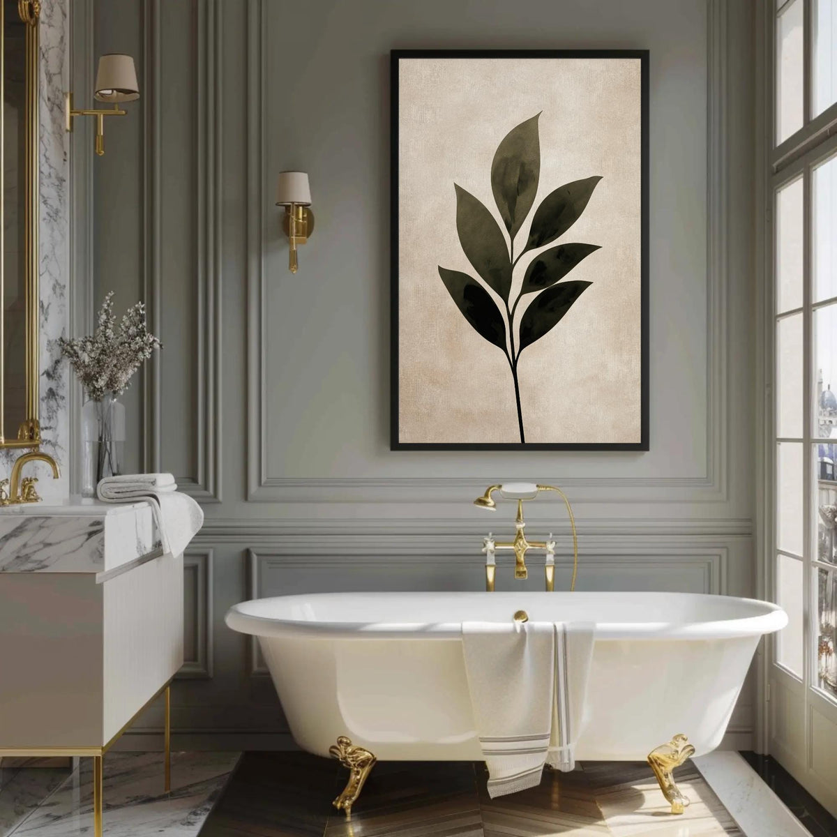 Minimalist leaf silhouette canvas wall art, bathroom with a bathtub and a painting on the wall