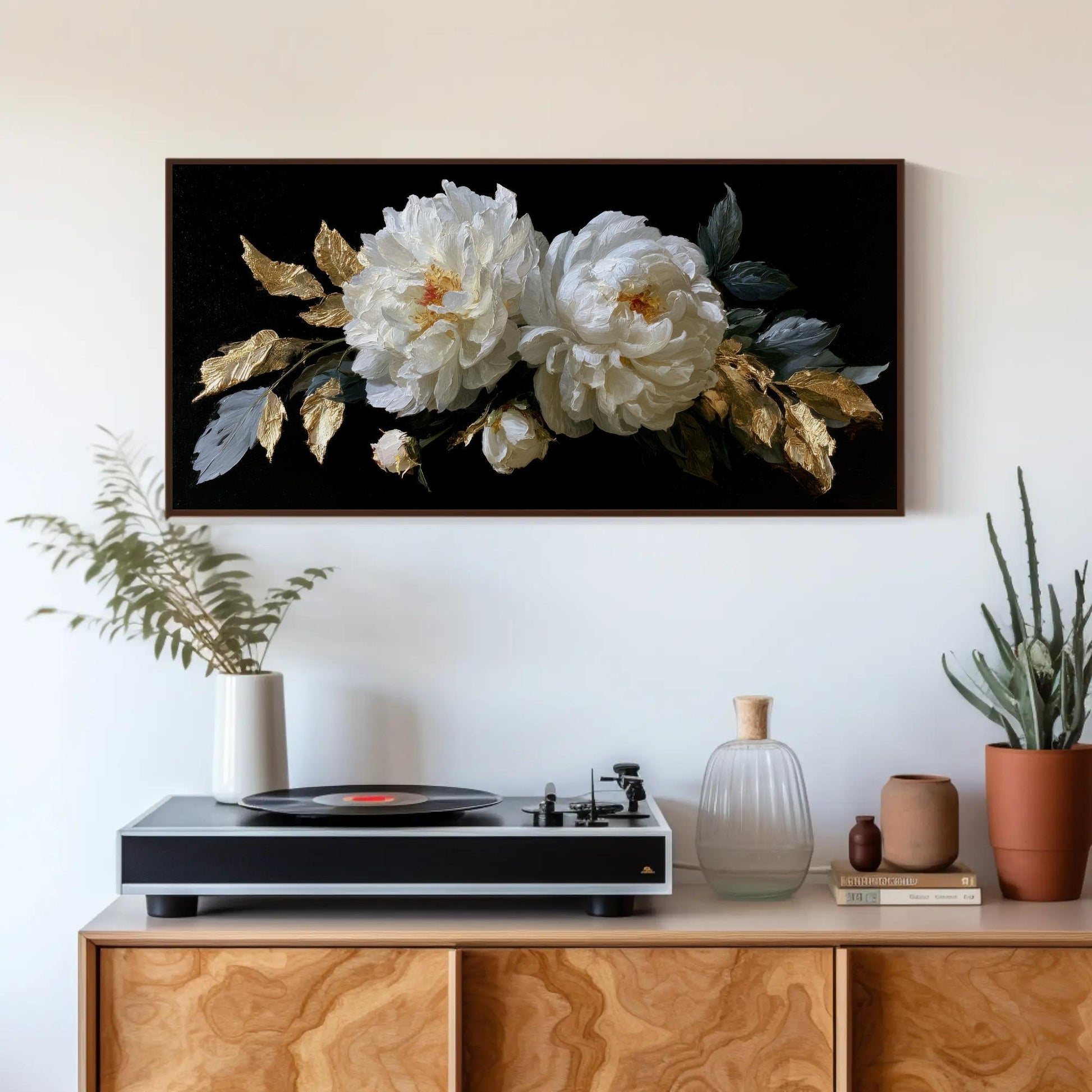 Baroque White Peony canvas wall art shown above a cabinet