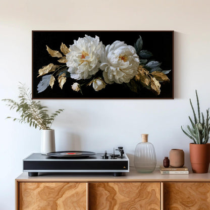 Baroque White Peony canvas wall art shown above a cabinet