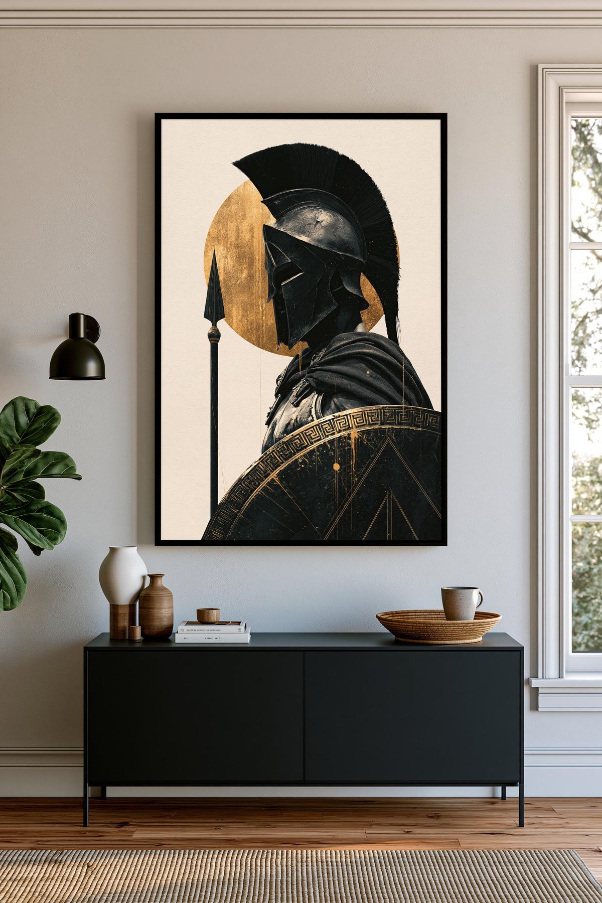 Spartan warrior in gold canvas wall art, large framed artwork depicting a warrior figure wearing a helmet and holding a
