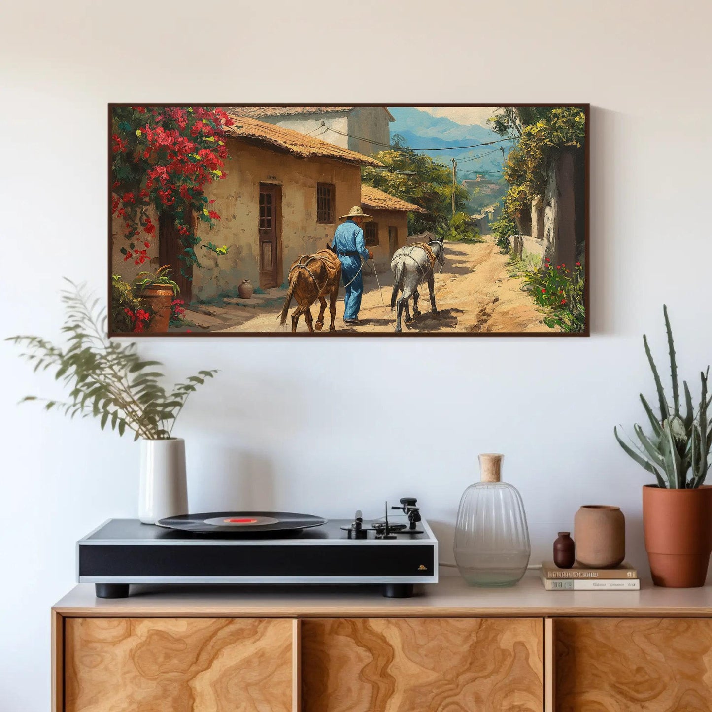 Mexican Village , Vibrant Mexico Pueblo canvas wall art shown in a styled room (view 2)