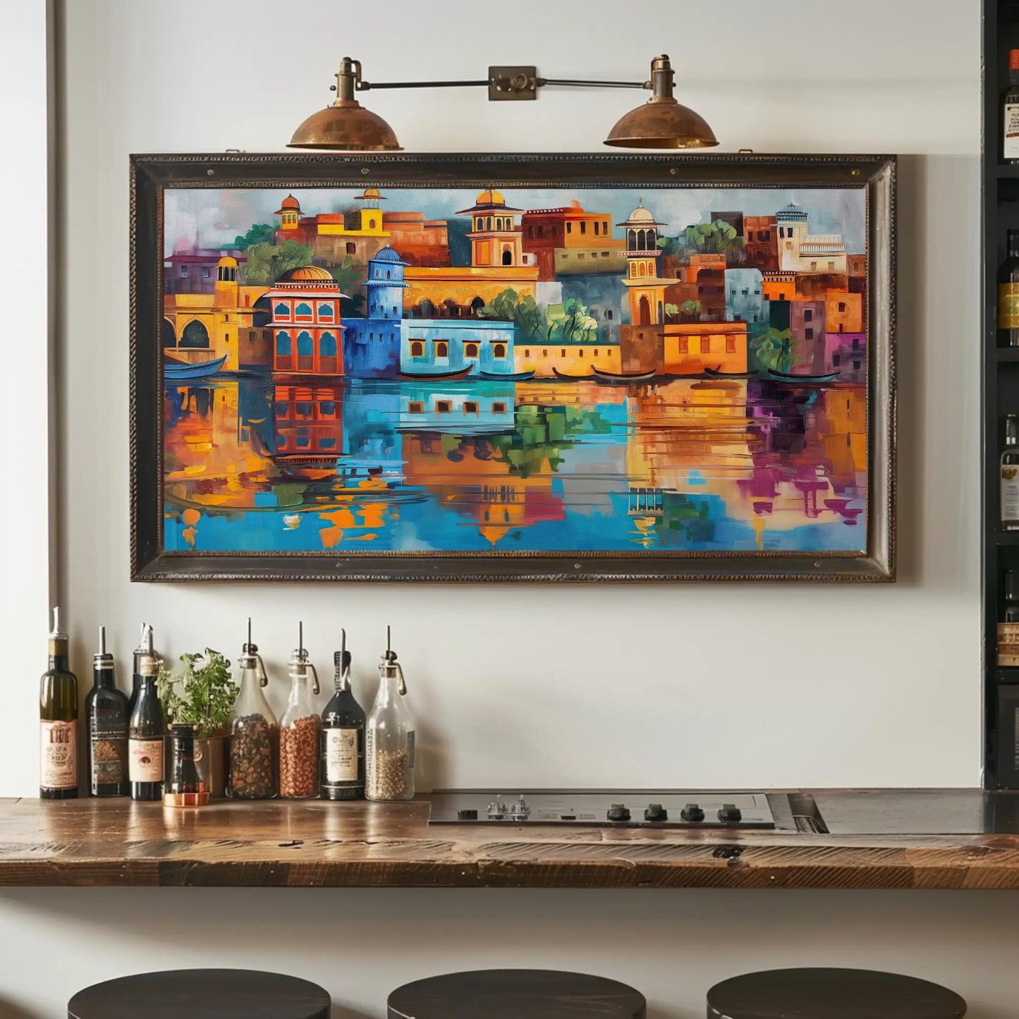 Jaipur Cityscape Painting, Vibrant Rajasthan Wall Art, Framed Canvas Print