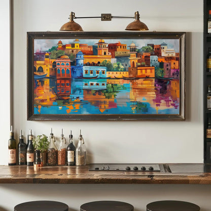 Jaipur Cityscape Painting, Vibrant Rajasthan Wall Art, Framed Canvas Print