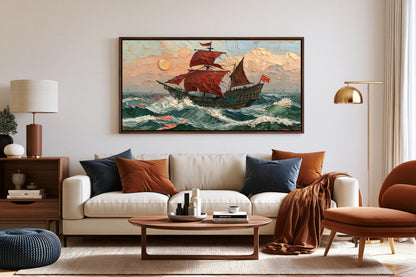 a large painting of a ship sailing on the ocean, hanging on a wall above a white sofa in a living room setting.