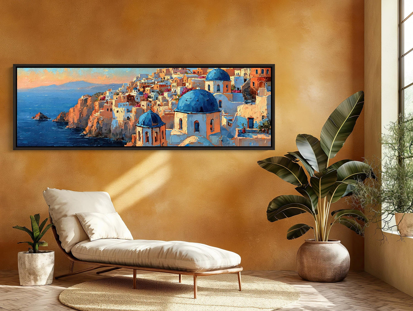 Santorini Cliffside Painting canvas wall art shown in a styled room