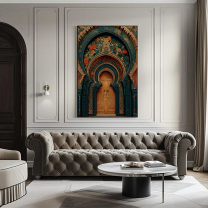Moroccan palace archway canvas wall art, living room filled with furniture and a painting on the wall