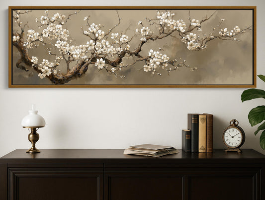Cherry Blossom Canvas - Panoramic Wall Art | Vintage Floral Print, Sage Green Decor