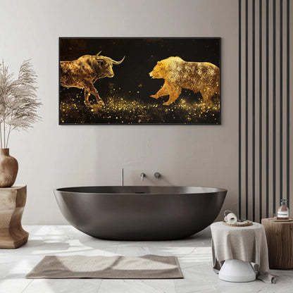 Bull Vs Bear canvas wall art shown in a bathroom