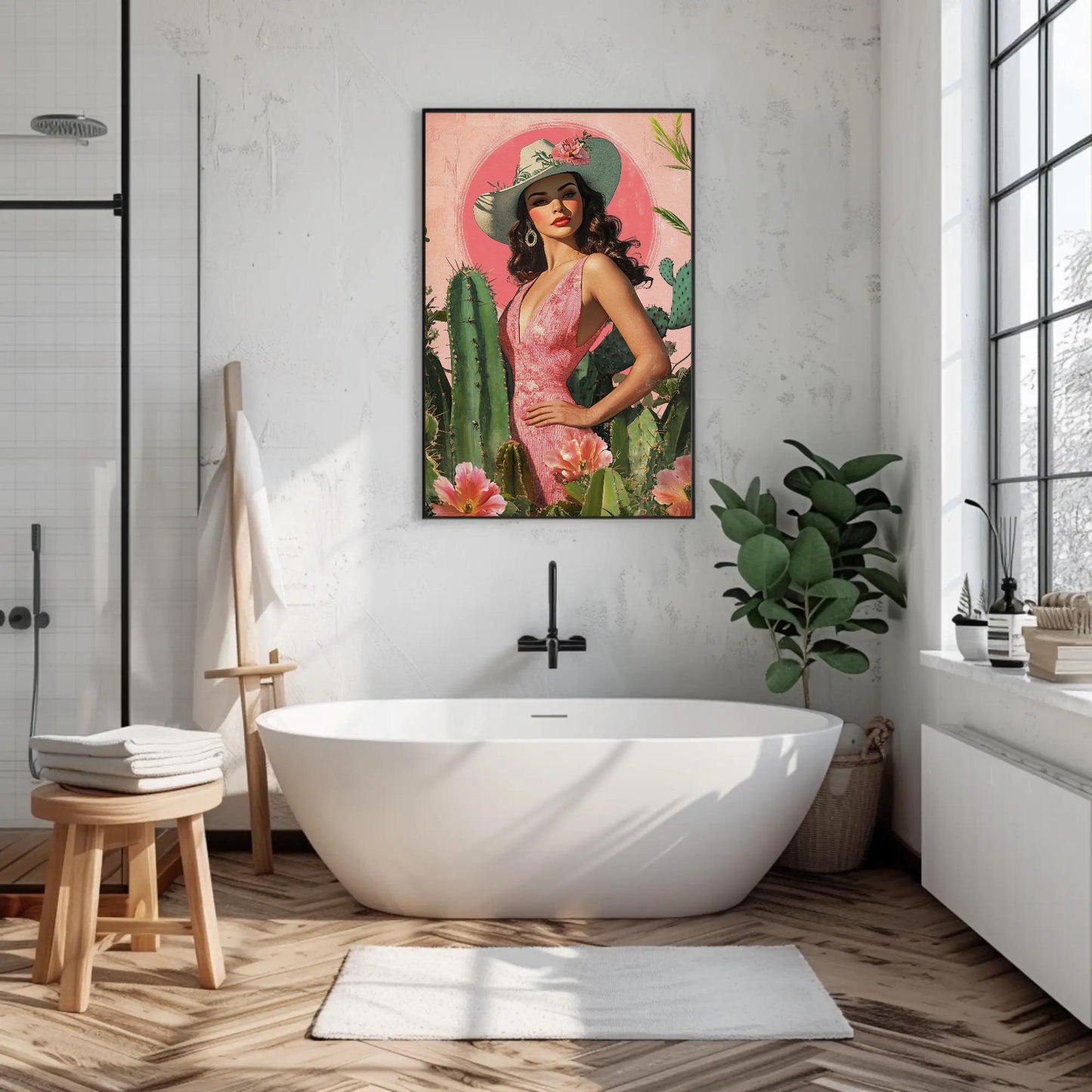 Latina Cowgirl canvas wall art shown in a bathroom